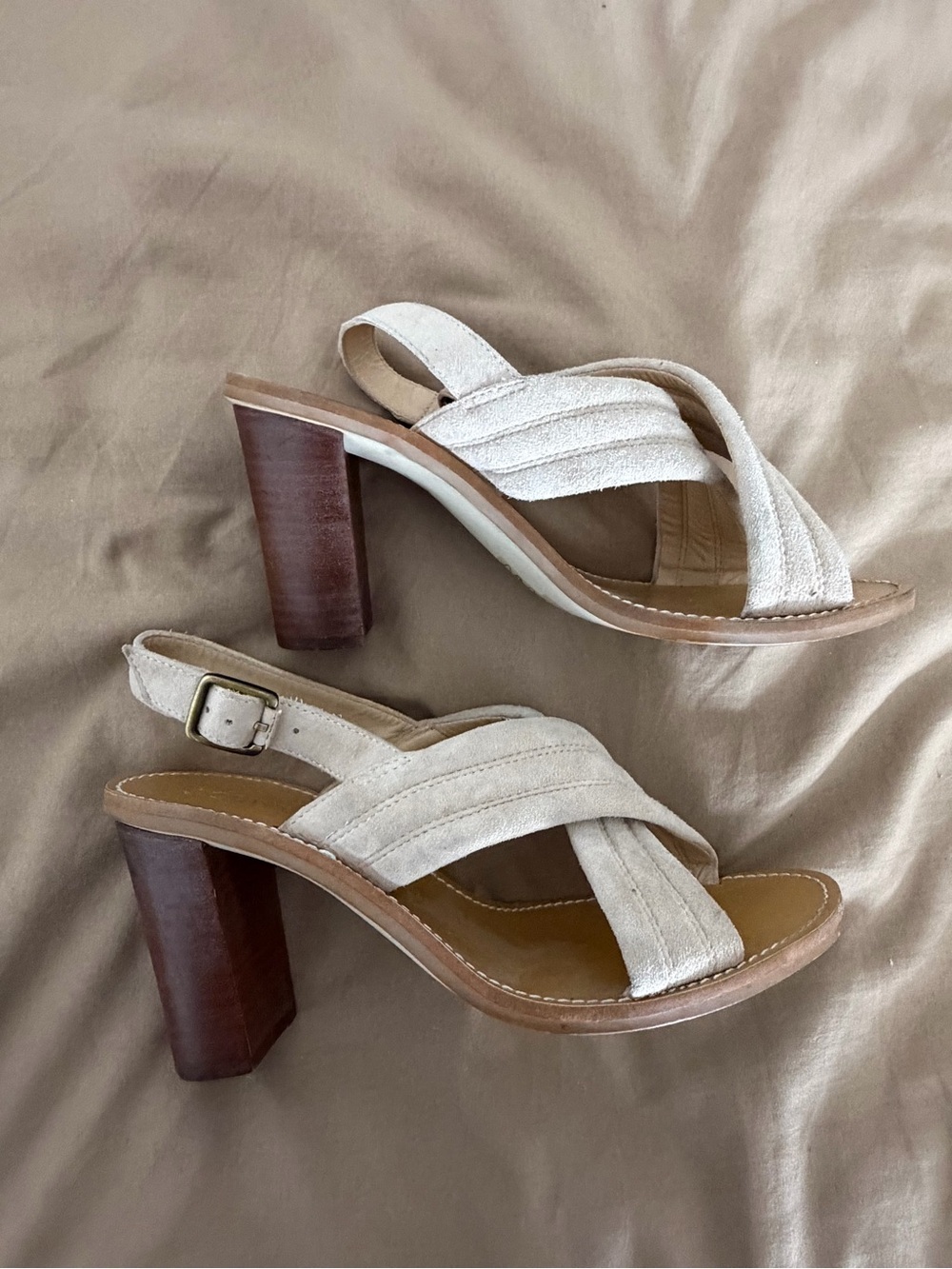 J. Crew Cream Suede Crisscross Slingback Heels with Wood Block Heel